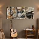 3pcs Vintage Musical Instruments Wall Art Piano Guitar Drums Jazz Posters Artwork Musical Theme Painting Pictures Wall Decor for Studio Gallery Home Decoration 16x24in Framed