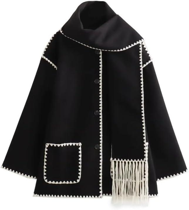 Autumn and winter women's wide sleeved cardigan jacket, scarf decoration button cardigan, woolen jacket (black,Small)