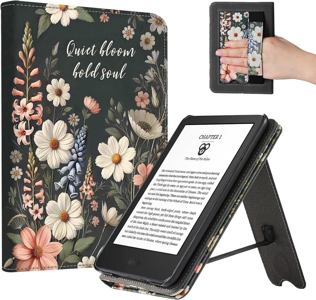 CoBak Case for 6" E-Reader - PU Leather Smart Cover with Auto Sleep/Wake & Hand Strap, not Compatible with Kobo Clara,Quiet Bloom