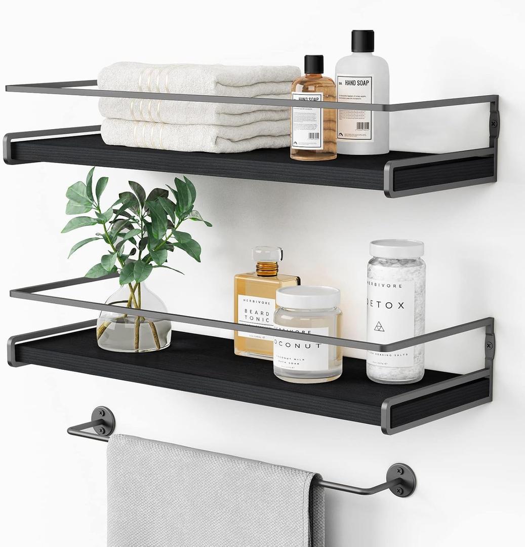 Forbena Black Floating Shelves for Bathroom Wall Set of 2, Kitchen Spice Rack Wall Mount, Modern Wood Hanging Wall Shelves for Bedroom Organizer, Restroom Pantry Closet Storage (Grey-Black)