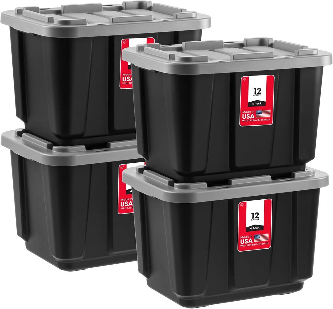 IRIS USA 4-Pack 12 Gallon Storage Bins with Lids |Made in USA| Heavy Duty Plastic Tote Containers for Truckbed Tool Box Organization, Large - Gray