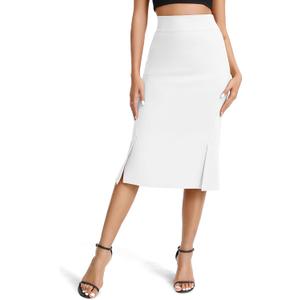 Women's Stretch Office Fishtail Pencil Skirts Casual High Waist Bodycon Midi Skirt (White)