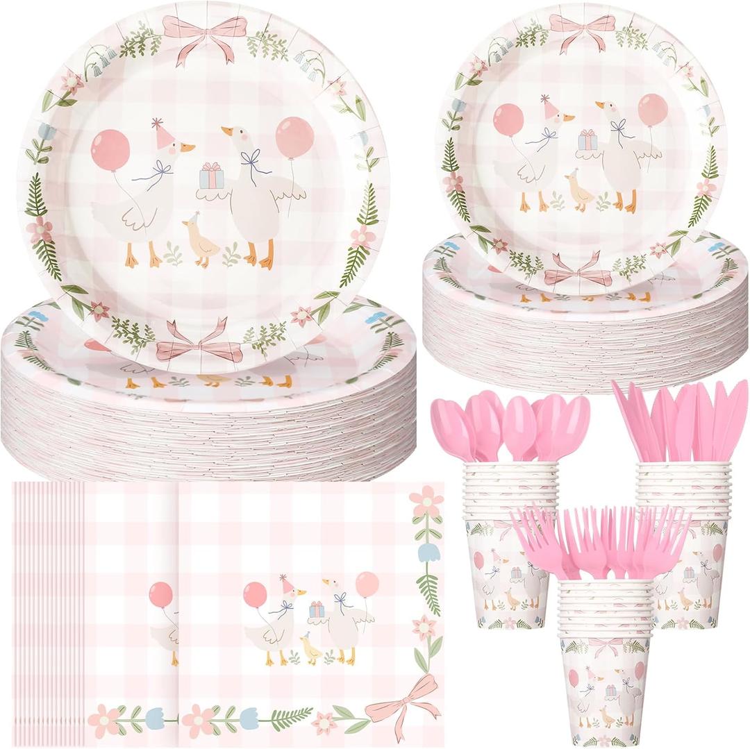 Havawish 175 Pcs One Silly Goose Birthday Decoration Party Tableware Set for 25 Guest Girl Pink One Silly Goose Birthday Decor Baby Shower Plate Cup Napkin Fork Knife Spoon for 1st Party Decoration