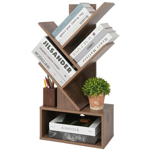 Labcosi 3 Tier Tree Bookshelf, Small Bookshelf with Open Storage Space, Wood Shelf for Storing Books, Book Organizer Shelves for Home Office, Bedroom, Living Room