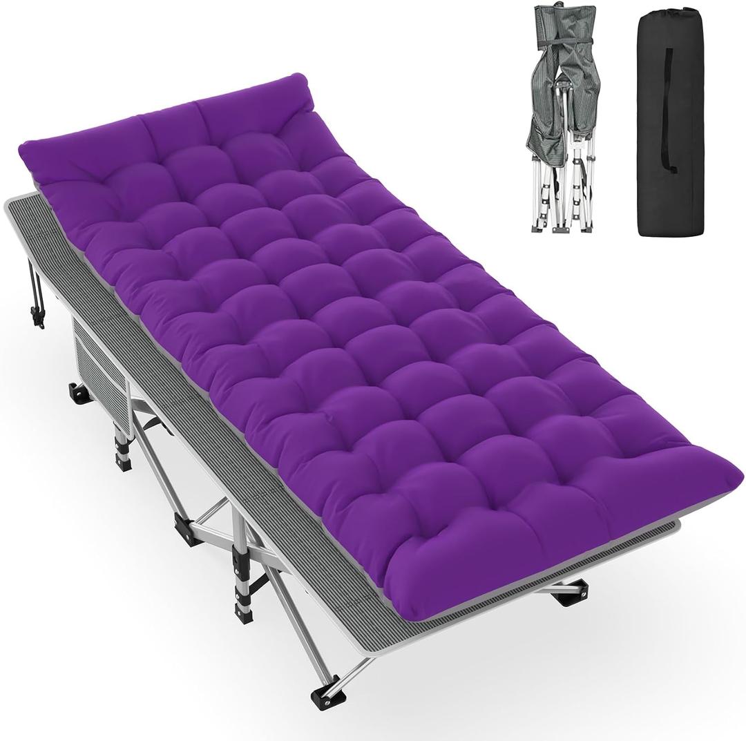Slendor Folding Camping Cot with Mattress, 74" L x 28" W x 15" H Camp Cots for Adults, Portable Sleeping Cot Bed for Tent, Office, Travel, Max. 500lbs Load, Striated Gray Cot, Gray+Purple Pad