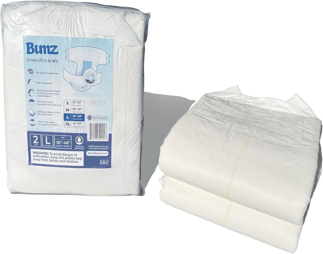 Bumz Maximum Absorbency Adult Diapers for Men and Women. Large (36"-48"). White (White, Large, 2, Count)
