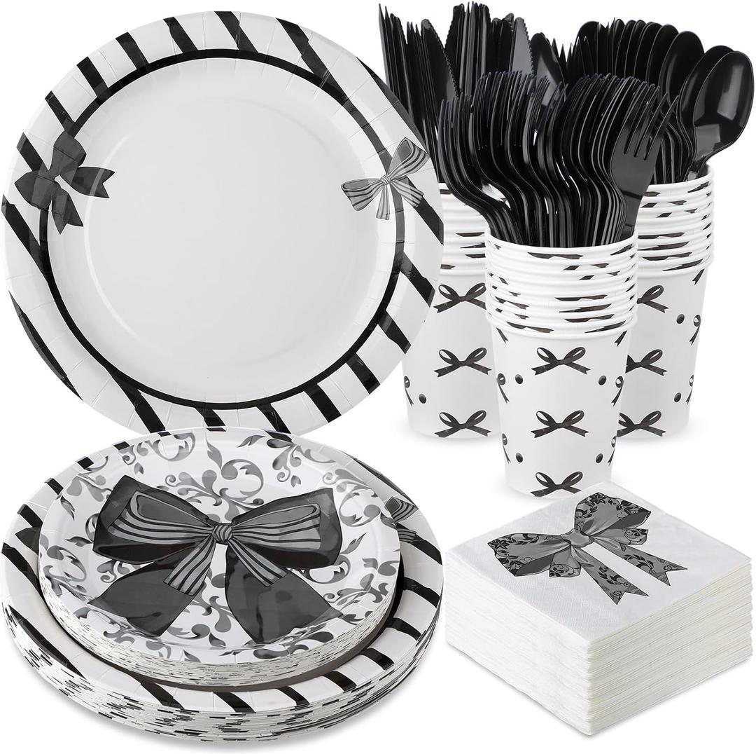 Yungyan 194 Pcs Black Bow Party Supplies Includes Black Bow Plates Napkins Forks Cups Black and White Party Decorations Black Bow Disposable Tableware Set for Bachelorette Bridal Engagement, Serve 24