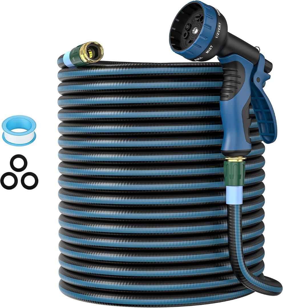 Heavy Duty Non-Expanding Garden Hose 100ft - Durable Reinforced Water Hose with Leak-Proof Construction Kink-Resistant, TPV material, 10-Function Spray Nozzle, 3/4" Connector & Portable Strap100FT)