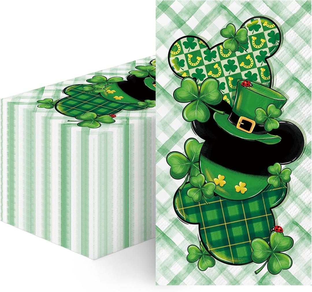 RiVolTa St Patricks Day Napkins - 100 Pcs Green Shamrock Lucky Clover Napkin Disposable Paper Cute Mouse Guest Cocktail Beverage Party Supplies Irish Holiday Dinner Decorative Table Home Kitchen Decor