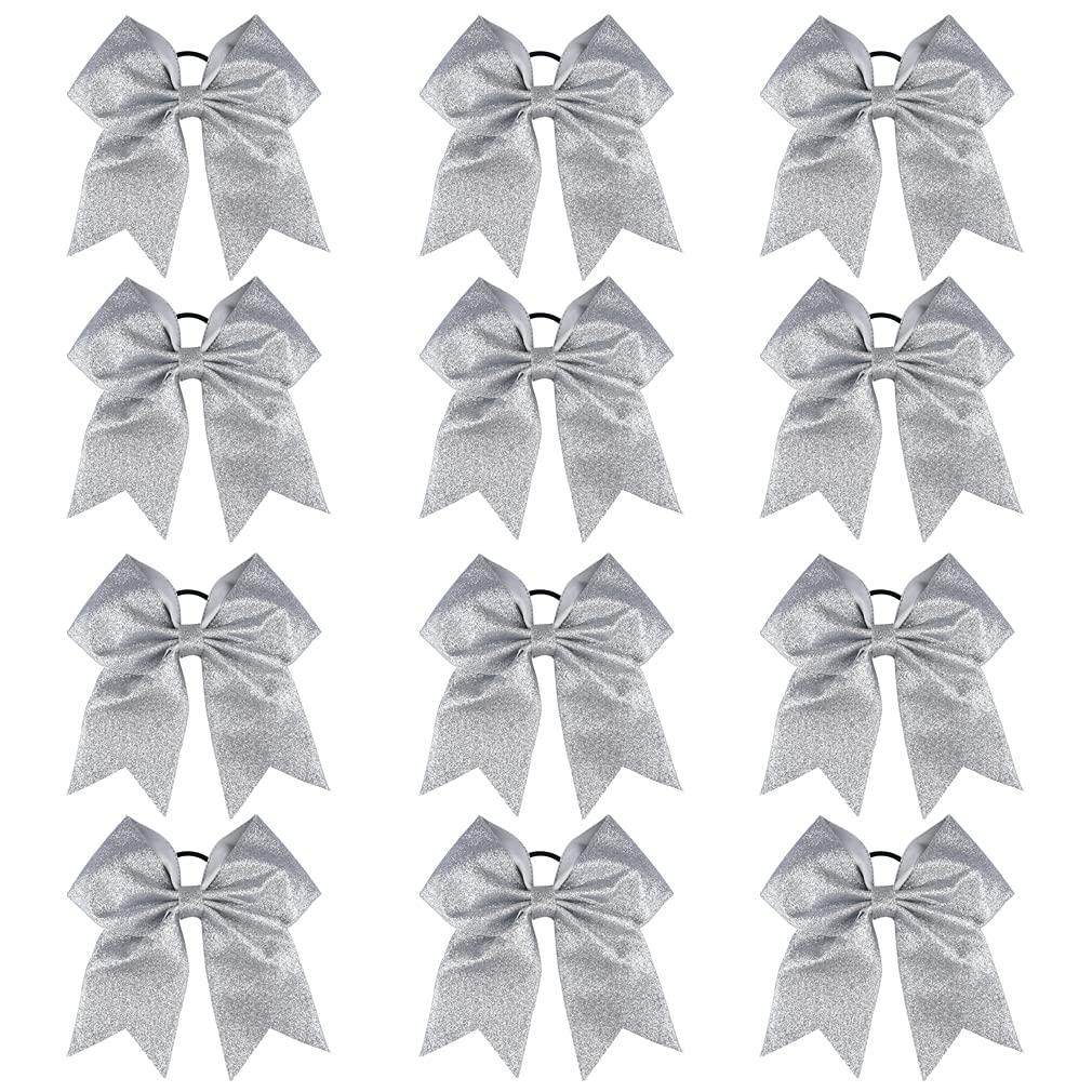 DEEKA 12 PCS 7" Large Glitter Cheer Bows Shiny Cheer Hair Bows Ponytail Holder Handmade for Cheerleader Girls Softball Sports -Silver