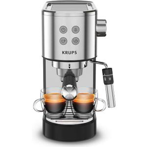 KRUPS Stainless Steel Espresso Machine: 15-Bar Pump Pressure, Milk Frother for Cappuccino and Latte, Fast Pre-Heat, 2-Cup Capacity, Cup Warmer, Easy Cleaning, 1350W, Silver