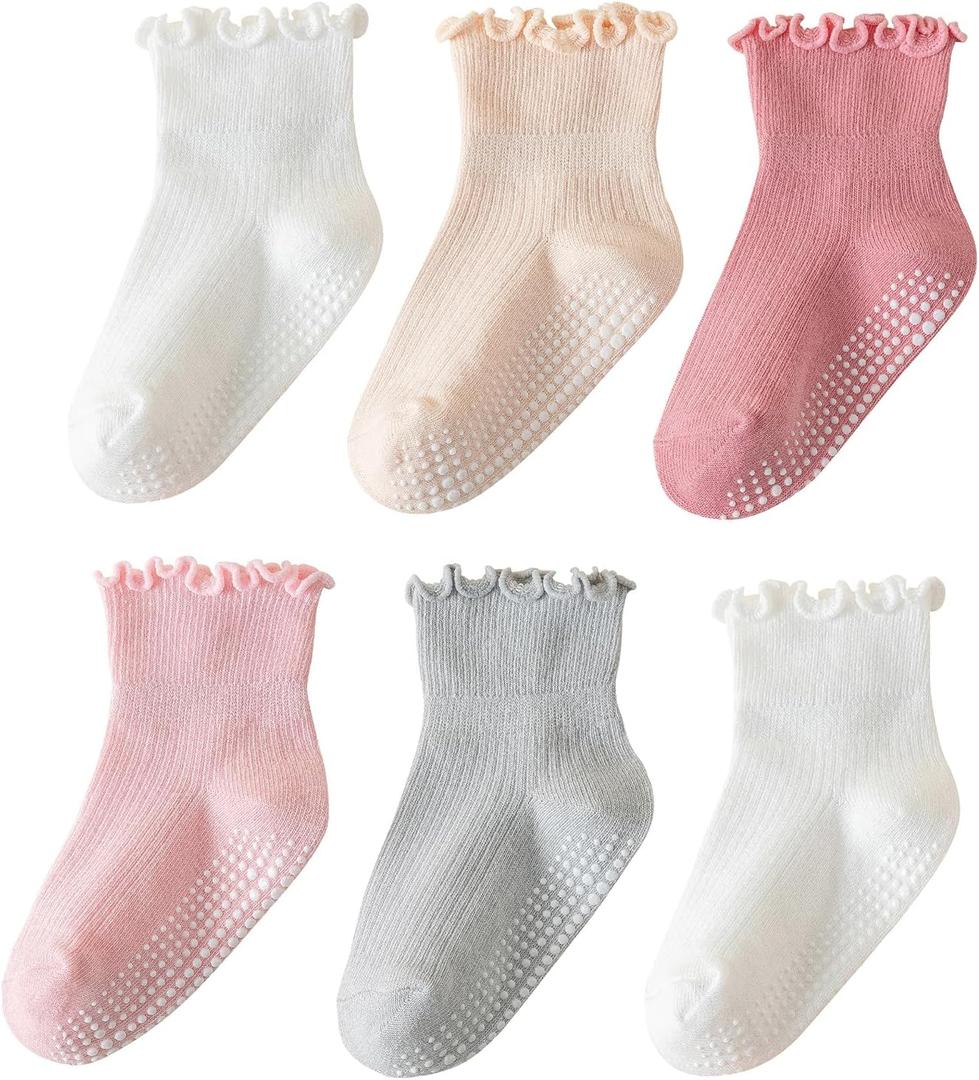 ANYANIME 6 Pairs Toddler Ruffle Socks for Girls Baby Grip Socks Non Slip Socks Cute Grippy Frilly (1-3T, Multicolor 2)