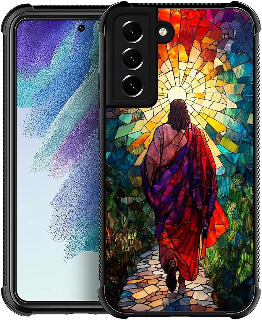 Compatible with Samsung Galaxy S22 Case, Shockproof Protective for Man Women Non-Slip for Samsung Galaxy S22 Crazy Pattern Colorful Stained Glass Jesus Walking