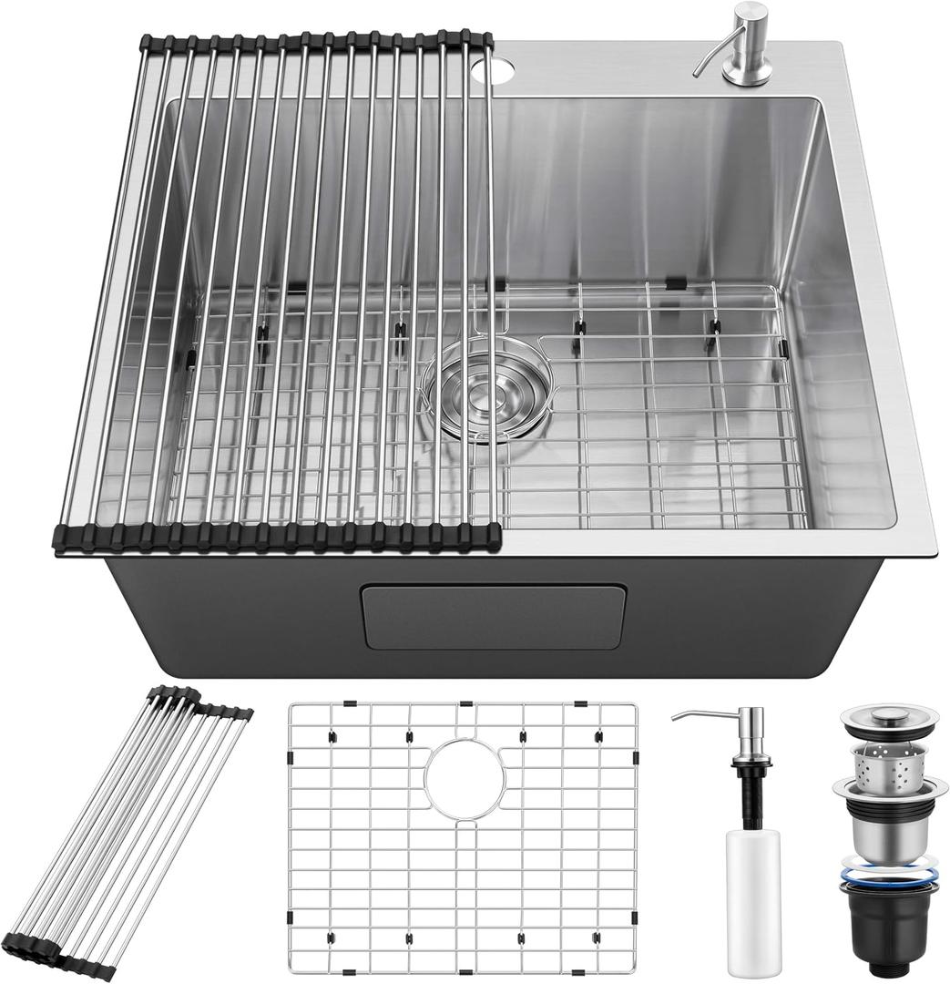 25x22Inch Drop In Kitchen Bar Sink, Herogo Stainless Steel Handmade 10'' Deep Topmount Single Bowl Kitchen Workstaion Rv Sink Basin for Laundry Room Utility with Accessories