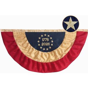 JRED 250 Anniversary American Bunting Flags 3x6 FT, 1776-2026 Tea-Stained Betsy Ross 13 Stars USA Pleated Fan Flags, Vintage Embroidered Stars 4th of July Decorations Banner