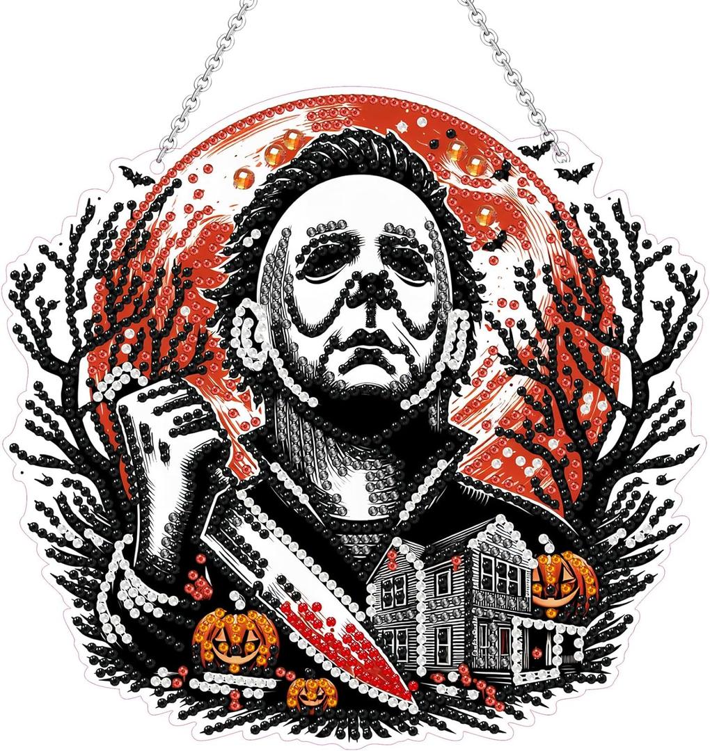 WEUOPG Halloween Diamond Art Hanging Kit for Crafts, DIY Acrylic Diamond Art Painting Window Pendants Home Garden Wall Hanging Kits, Double Sided Hanging Ornament