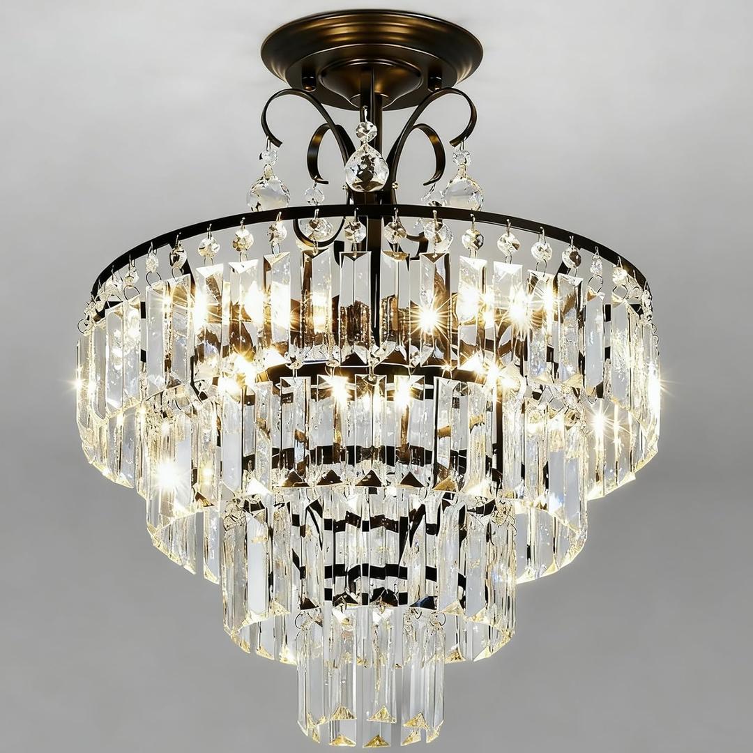 Black Crystal Chandeliers,4 -Lights Modern Crystal Chandelier for Dining Room,4 Tiers Small Chandeliers for Living Room Bedroom Kitchen Entryway E12 Base