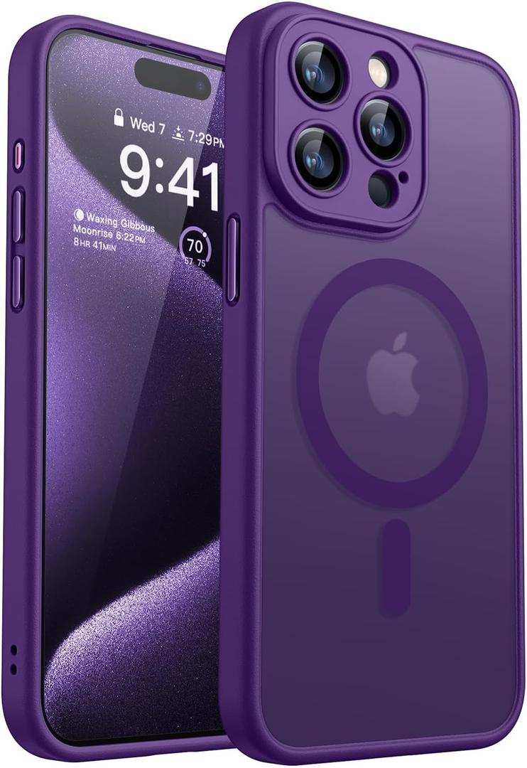 CANSHN Magnetic Compatible with iPhone 15 Pro Case, Upgraded [Full Camera Protection] [Compatible with Magsafe] [Translucent Matte] Shockproof Protective Phone Case Cover 6.1 Inch - Deep Purple
