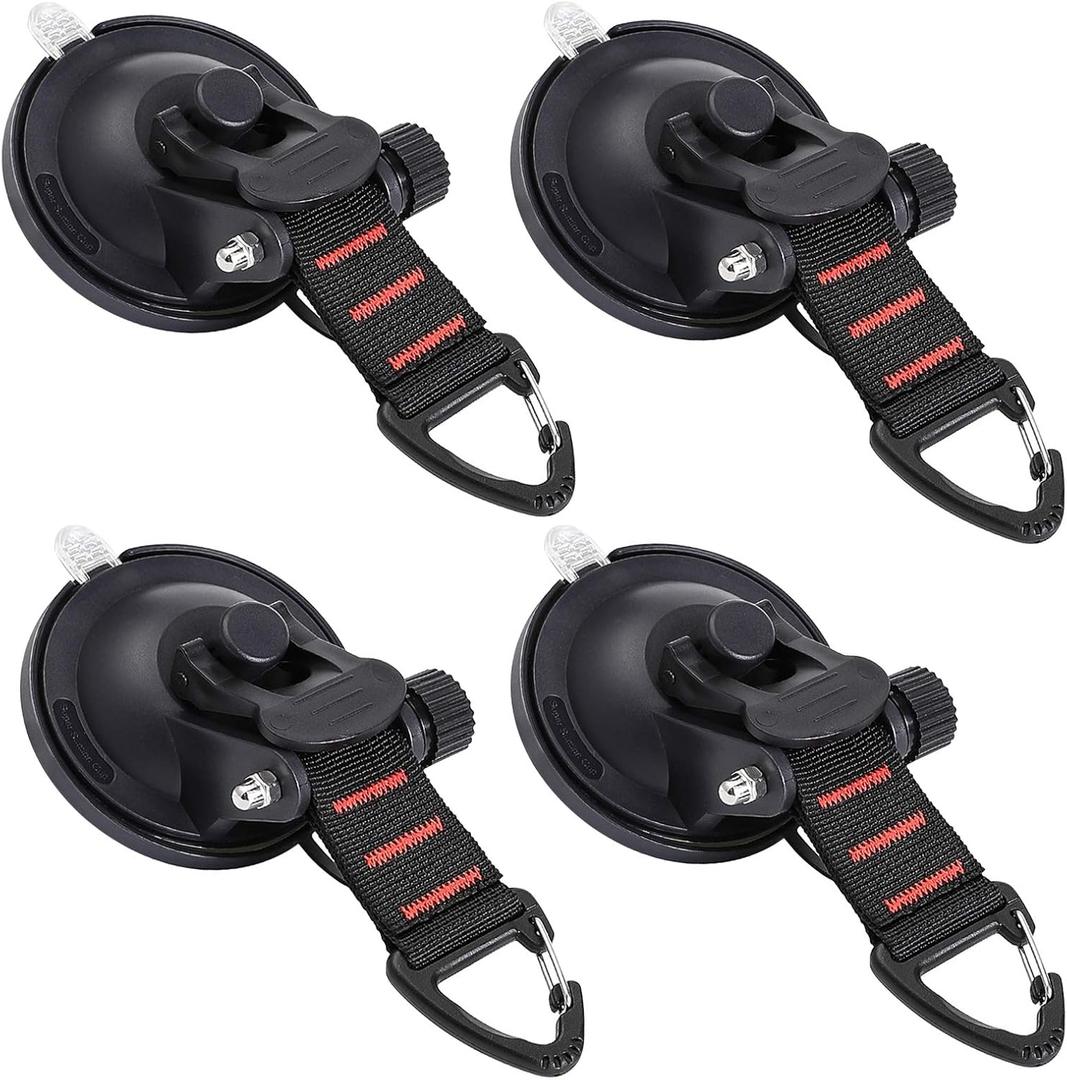CONBOLA Suction Cup Hooks Heavy Duty 4 Pieces Car Camping Essentials Upgraded Tie Down Suction Cup Camper Accessories with Securing Hook Strong Power for RV Boat Window Glass Camping Trap.(4 pcs)