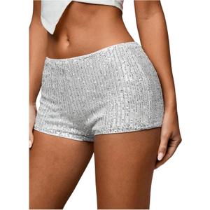 SHENHE Women's Sparkly Sequin Shorts Sexy Low Rise Y2k Party Rave Hot Pants Booty Shorts (Large, White)