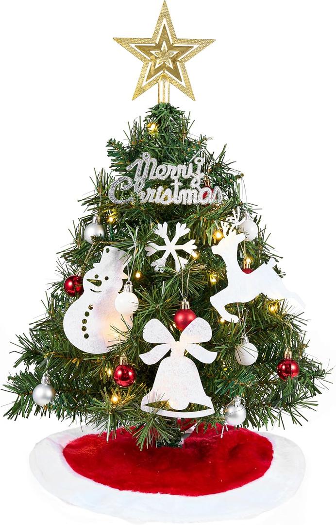 JOIEDOMI 24"/2FT Small Christmas Tree with Lights, Table Top Christmas Decor with Tree Skirt, Star Treetop and Ornaments, Battery Operated Pre-lit Artificial Xmas Tabletop for Xmas Decorations Indoor