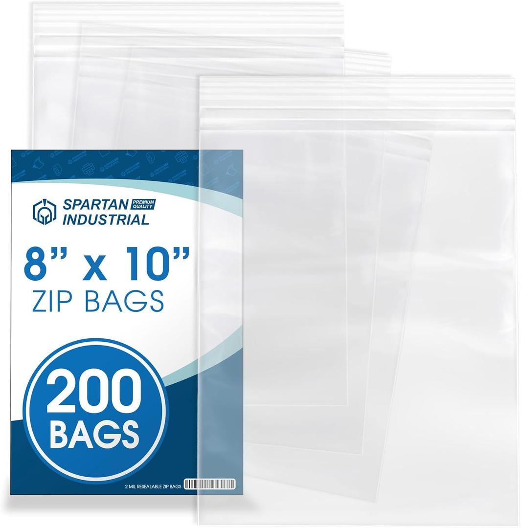 Spartan Industrial - 8 X 10 (200 Count) Quart Clear Reclosable Zip Plastic Poly Bags with Resealable Lock Seal Zipper - 2 Mil