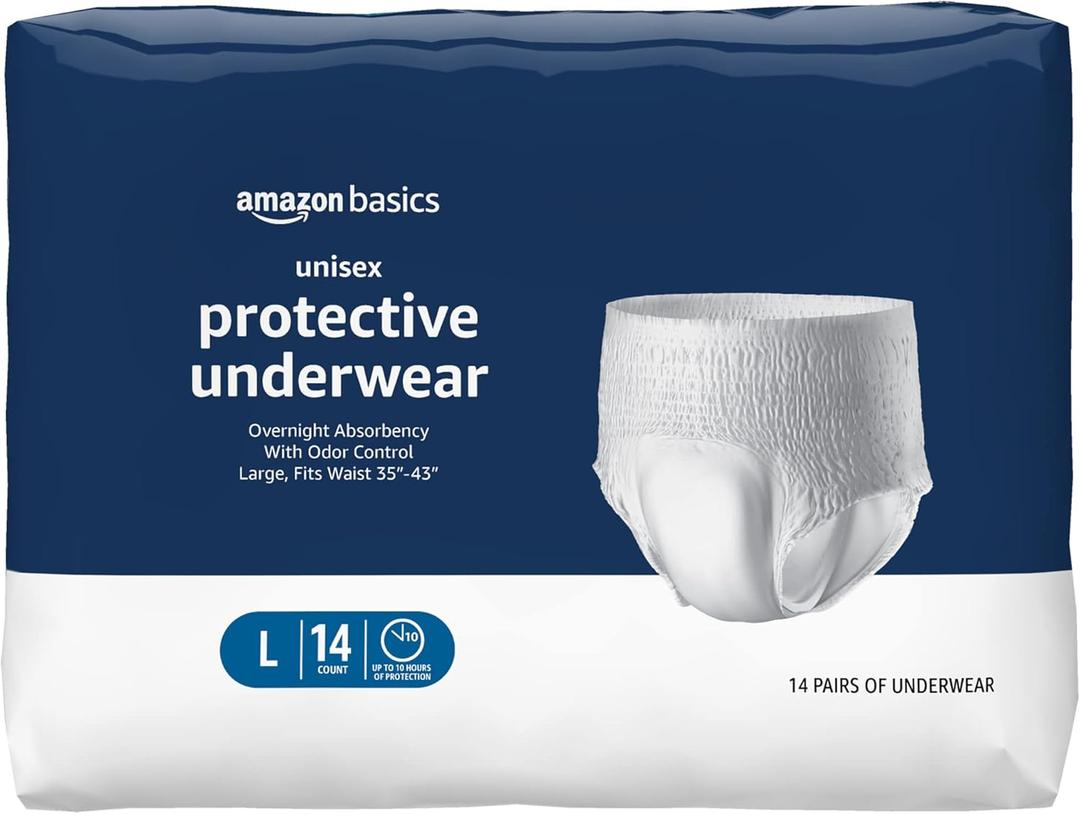 Amazon Basics Unisex Protective Underwear, Overnight Absorbency, Large, 14 Count, (1 Pack of 14) Amazon Basics Unisex Protective Underwear, Overnight Absorbency, Large, 14 Count, (1 Pack of 14)