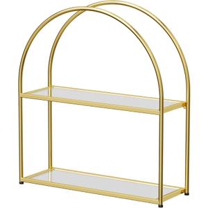 Crofy Gold Arched Frame Wall Shelf, Decorative 2 Tier Bathroom Wall Shelf with Transparent Tempered Glass Shelves and Robust Storage Capacity, 5.1" D x 17.9" W x 19.18" H