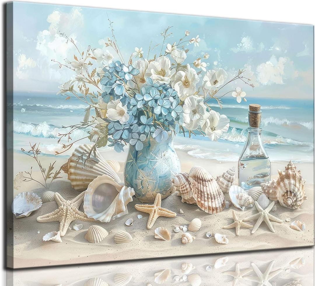 AKOTAC Blue Ocean Beach Bathroom Canvas Wall Art Seaside Seashell Painting Print Artwork Starfish with White Flower Coastal Picture Wall Decor for Living Room Bedroom Bathroom Decoration