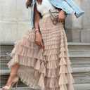 MAKEMECHIC Women's Mesh Maxi Skirt Tulle Ruffle Layered High Waist Flowy Fairy Skirts (Beige)