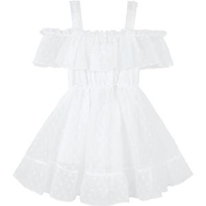AGQT Toddler Girls Floral Print Dress Chiffon Off Shouler Casual Dress Ruffle Hem Tunic Dress Size 1-8T (7-8 Years, 7263a1# White Solid Polka Dot-off Shoulder)