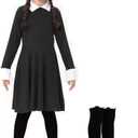 Halloween Wednesday Costume Girls Black Dress Black Long Sleeve Collar Costume with High stocking (7-9 years)