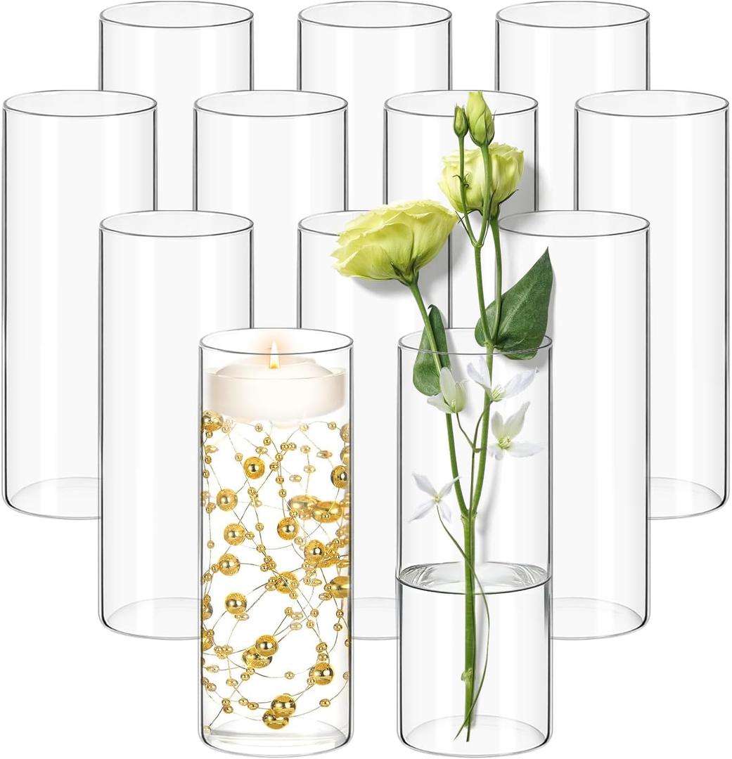 12 Pack Glass Cylinder Vases for Centerpieces 10 Inch Tall Clear Flower Bulk Vase Hurricane Floating Candle Holder for Table Home Decor Wedding Holiday Floral Shelf Party Dining Decoration