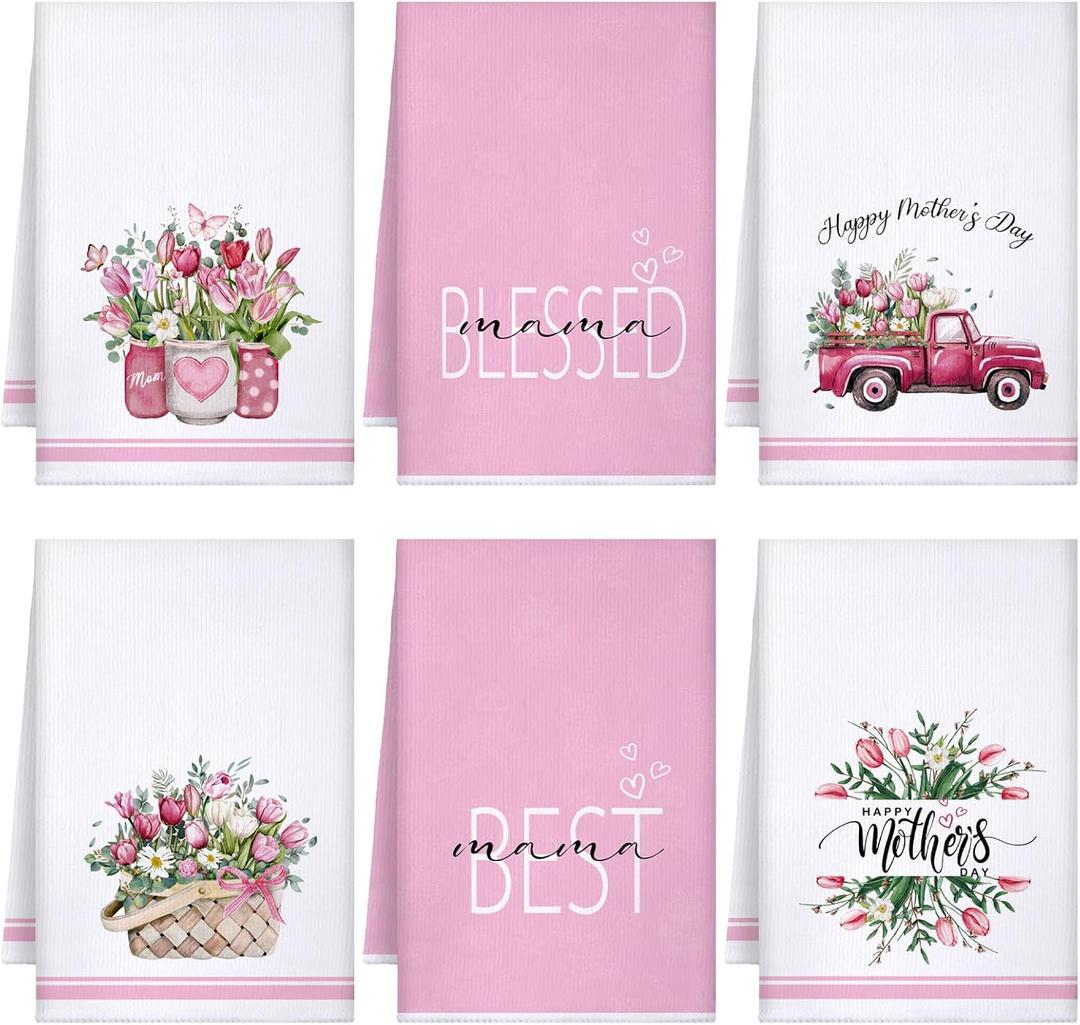 Bencailor 6 Pcs Mother's Day Kitchen Towels Sets Pink Kitchen Dish Towels Birthday Present Gift Absorbent Fast Drying Hand Cloths Hanging Reusable Clean Dishcloths for Mom Cooking(Pink,White,Blessed)