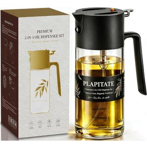 PLAPITATE 2Pcs 17oz Premium Olive Oil Sprayer for Cooking, 2 in 1 Glass Olive Oil Dispenser Bottle for Kitchen Gadgets, Spray Bottle with Portion Control for Salad, Frying, BBQ (2 Black)