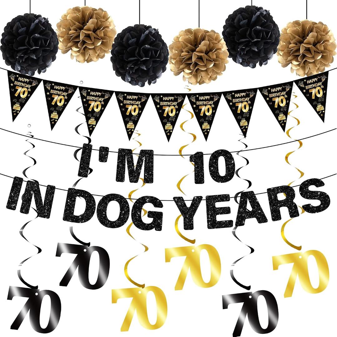 70th Birthday Decorations Banner Men - 15 Pcs Black Gold Birthday Banner Triangle Flag Pennant Number 70 Hanging Swirls Streamer Paper Pom Poms For 70 Year Old Party Celebration Supplies