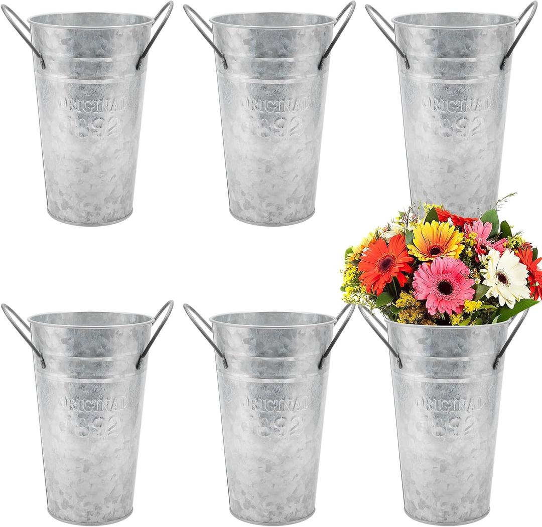 MANCHAP 6PCS 8 Inch Tall Galvanized Flower Bucket, Silver Vintage Flower Vases for Wedding, Table Decoration
