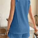 OYOANGLE Women's Maternity 2 Piece Outfits Textured Tie Shoulder Button Tank Top Shorts Summer Lounge Set (Blue) L