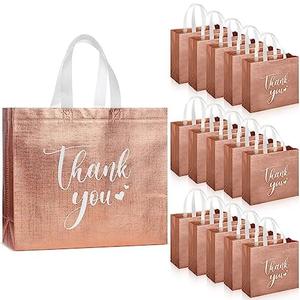Sweetude 30 Pcs Thank You Gift Bags with Handles Bulk Reusable Goodie Bag Non Woven Foldable Handbag for Graduation Wedding Bridesmaid Gifts(11 x 12 x 5 Inch,Rose Gold)