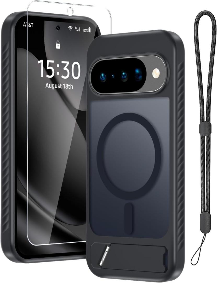 RMOCR Magnetic Case for Google Pixel 10 & Pixel10 Pro with Screen Protector+Lanyard Wrist Strap+Invisible Kickstand[Compatible with Pixelsnap & MagSafe],Translucent Matte Slim Phone Cover,Black