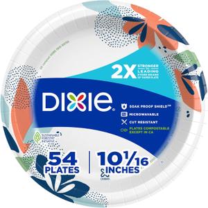 Dixie Large Paper Plates, 10 Inch, 54 Count, 2X Stronger*, Microwave-Safe, Soak-Proof, Cut Resistant, Disposable Plates For Everyday Breakfast, Lunch, & Dinner Meals