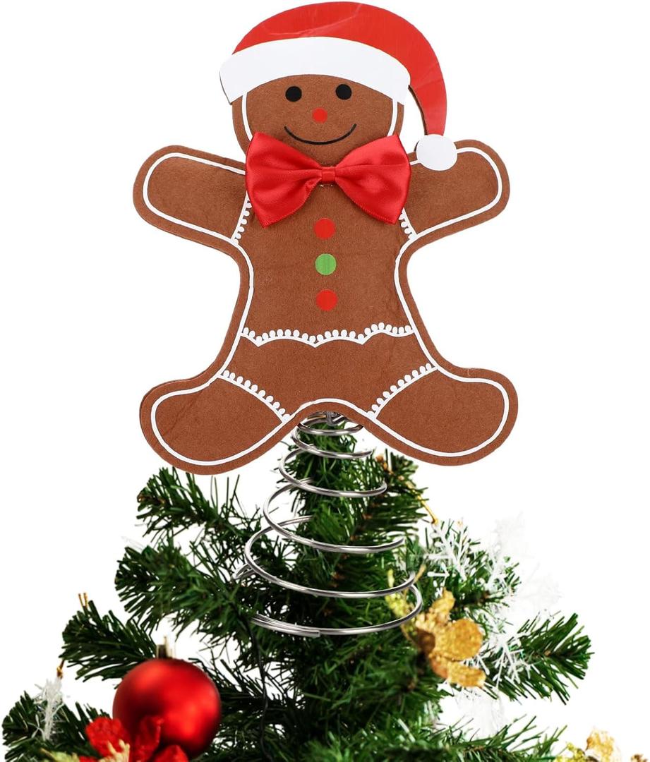 Gejoy 8 x 10 Inch Large Gingerbread Man Christmas Tree Topper Cute Rustic Xmas Felt Gingerbread Ornaments and Spring Base Tree Ornaments Gift for Xmas Winter Holiday Party Festive Home Indoor Outdoor