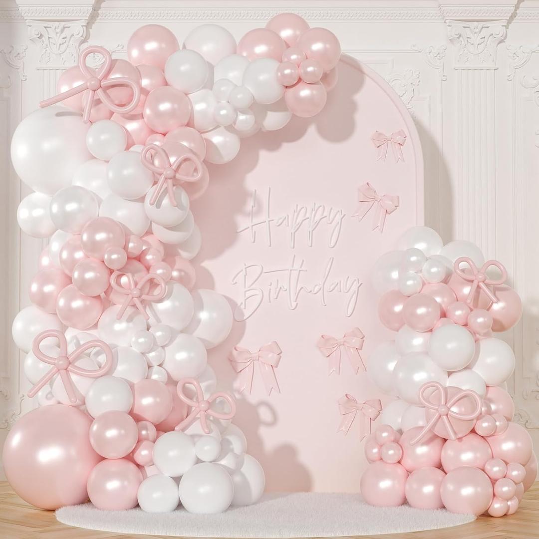 Pink and White Balloon Arch Kit 116Pcs Double Stuffed Pearl Pink and White Balloon Arch Garland Kit Include Bows for Baby Shower Gender Reveal Wedding Birthday Decoration