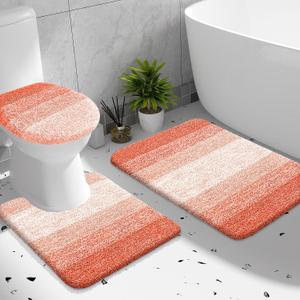 OLANLY Bathroom Rugs Sets 3 piece, Soft Microfiber Absorbent Bath Mat, U-Shaped Contour Toilet Mat and Toilet Lid Cover, Quick Dry, Machine Washable, Toilet Cover and Rug Set for Bathroom, Coral
