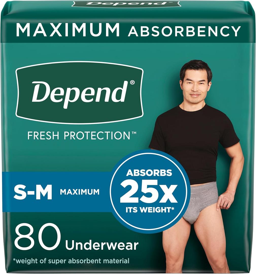 Depend Fresh Protection Adult Incontinence Underwear for Men, Disposable, Maximum, Small/Medium, Grey, 80 Count (2 Packs of 40), Packaging May Vary (Small/Medium)