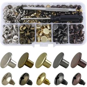 125 Sets Mixed Colors Round Flat Head Chicago Screws for Leather Crafting - Rivet Kit for Clothing, Shoes, Belts, Bags - 25/64 Inch Button Studs (All Colors Mixed in Box)