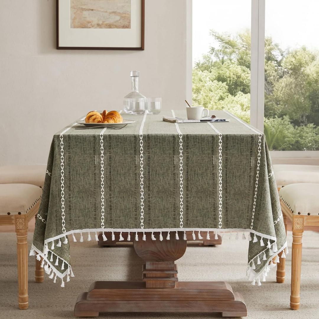 ZeeMart Hemstitched Embroidery Striped Boho Tablecloth 60x84 Inch Olive, Heavy Weight Farmhouse Burlap Linen Green Tablecloth, Wrinkle Resistant Washable Table Cloth for Rectangle Table