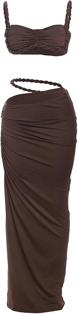 Women's Two Piece Skirt Sets Summer Beach Sexy Ruched Backless Cami Top And Cut Out Skirt Night Out Dress, Coffee, Small 