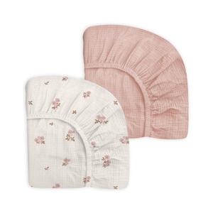 Pack and Play Sheets for Baby Boy and Girl 2 Pack, Neutral Muslin Cotton Pack N Play Mattresses Sheet 27"x39", Muslin Nursery Bedding Soft and Breathable Comfort (Vintage Blossom & Pink)