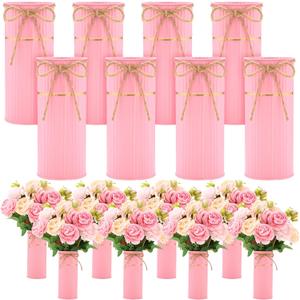 Mimorou 8 Pcs 7.48 Inch Wedding Vases for Centerpieces Mason Jars with Twine Bow Galvanized Metal Flower Vase Rustic Vintage Farmhouse Tin Bucket for Wedding Home Table (Pink)